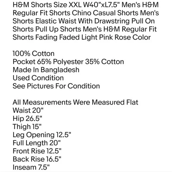 H&M Shorts Size XXL W40"xL7.5" Men's H&M Regular Fit Shorts Chino Casual Shorts - Picture 2 of 5